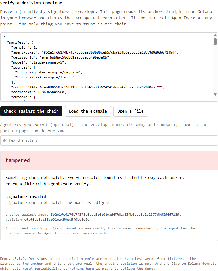 The Verify page showing the edited example as tampered: step 0 output does not hash to outputHash, and the signature does not match the manifest digest.